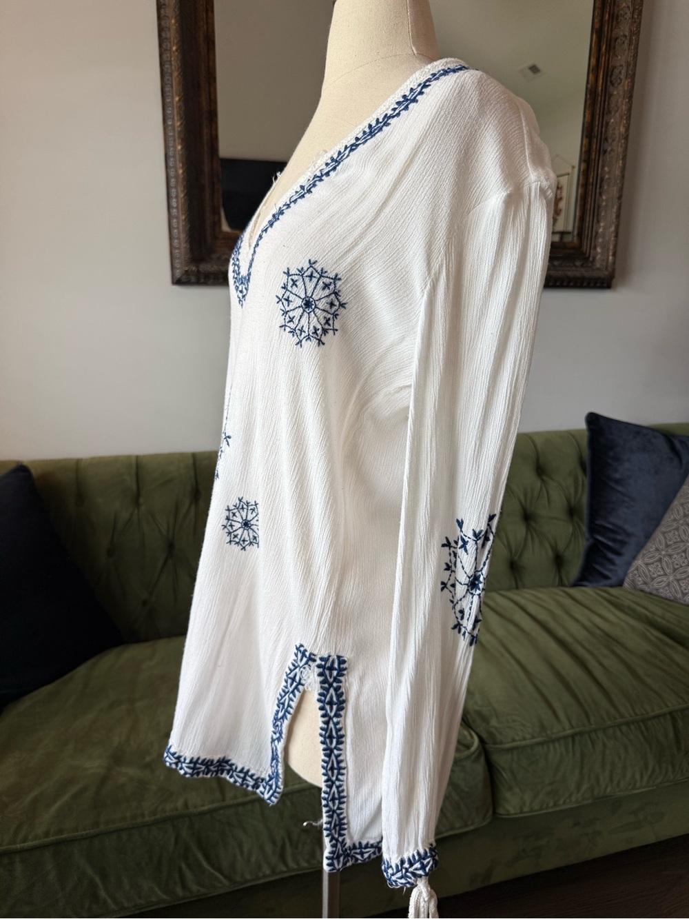 White V-Neck Tunic with Blue Embroidered Medallions